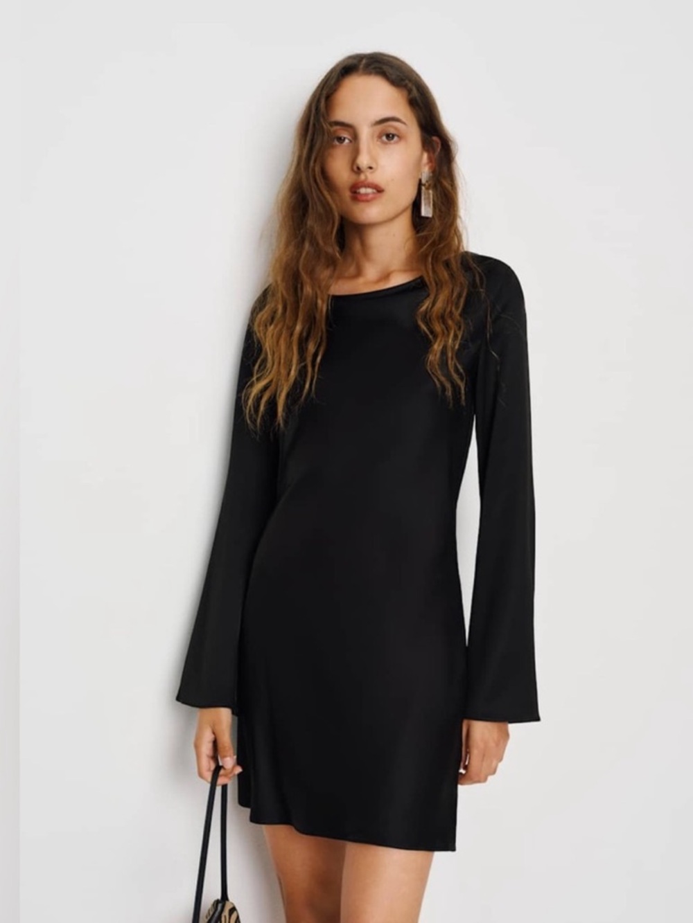 REFORMATION Pike Black Satin Long Sleeve Dress